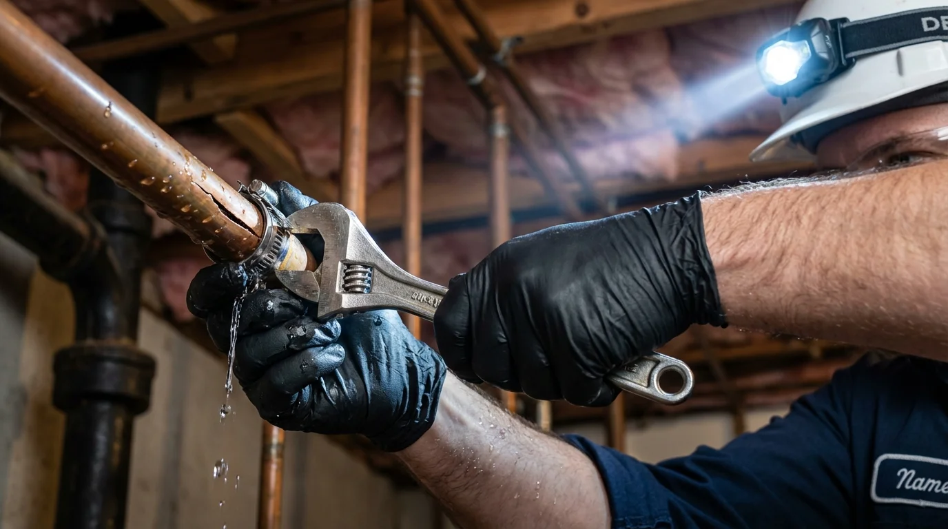 Emergency pipe clamp repair being performed by a Johns Plumbing LLC plumber in Jay