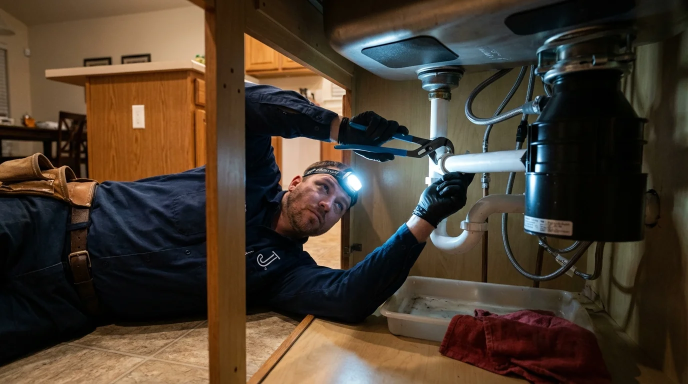 P-trap and supply line connections under a kitchen sink showing a common leak point in Jay, OK